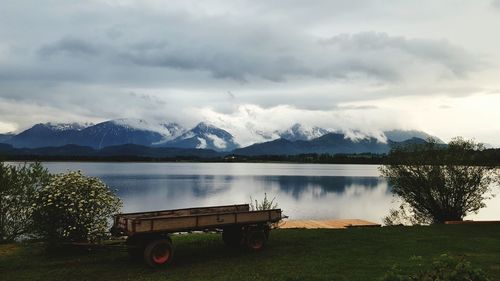 Scenic view of lake against cloudy sky