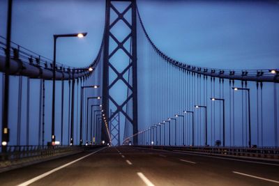 Low angle view of suspension bridge against cloudy sky