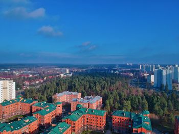 High angle view of buildings against sky