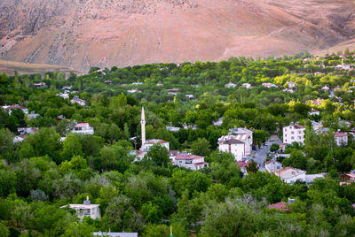 High angle view of houses in town