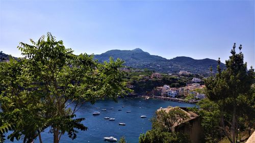 Scenic view of bay against clear sky