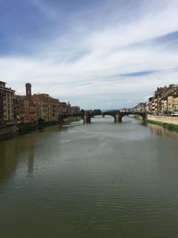 Bridge over river against buildings in city