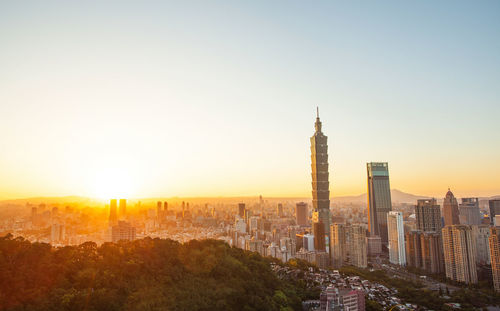 Panoramic view of buildings in city during sunset