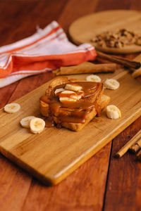 High angle view of bread on cutting board