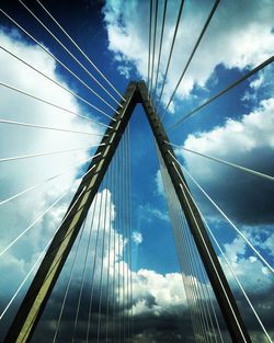 Low angle view of suspension bridge against sky