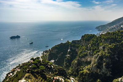 High angle view of bay against sky