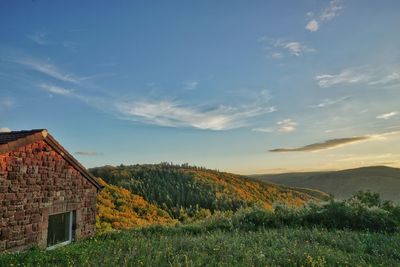 Houses on landscape against sky