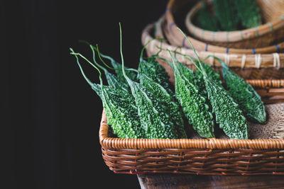 Close-up of wicker basket against black background