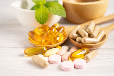 Close-up of pills on table