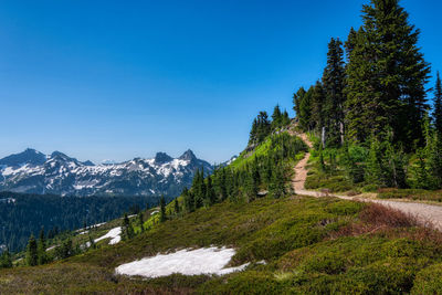 Scenic view of mountains against clear blue sky