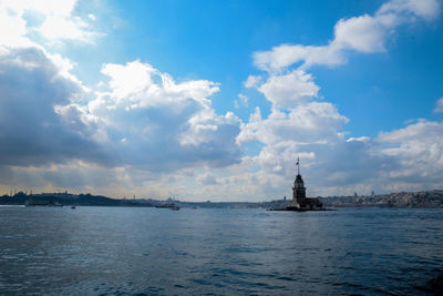 Scenic view of sea against sky in city