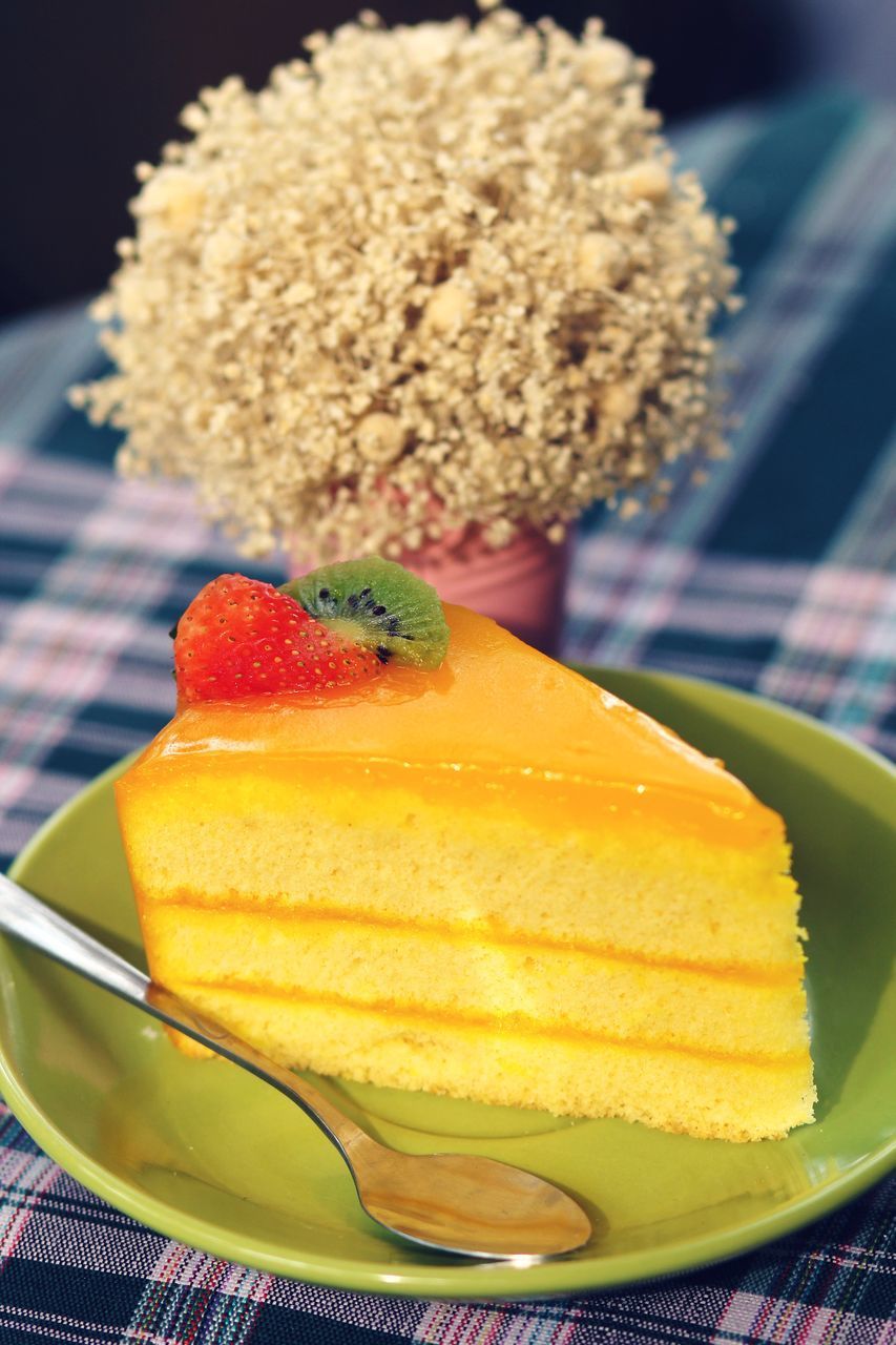 CLOSE-UP OF CAKE SLICE IN PLATE WITH FORK