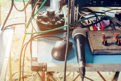 High angle view of telephone on table