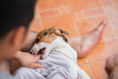 High angle view of man playing with dog on tiled floor