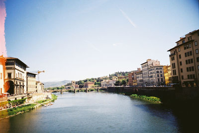 River amidst cityscape against sky