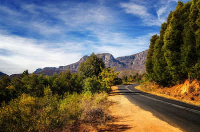 Scenic view of road by trees against sky