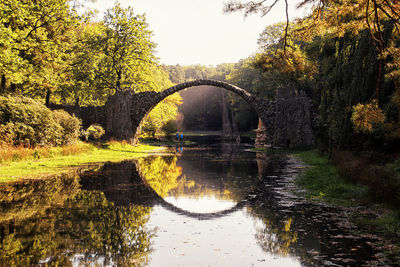 Arch bridge over river against sky