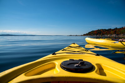 Close-up of kayak over blue water