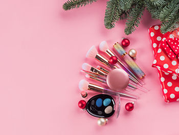 High angle view of christmas decoration on table