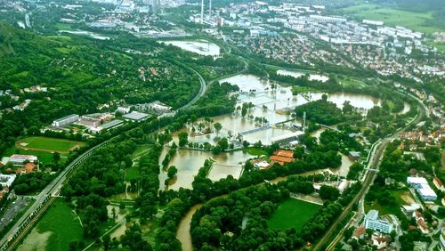 High angle view of town during flood