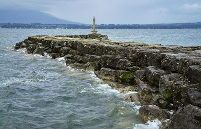 Stone quay landscape on the lake of geneva, switzerland.