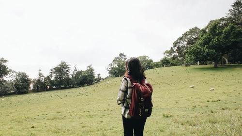 Rear view of man standing on field against sky