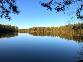 Scenic view of lake against clear blue sky