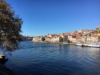 Scenic view of city against clear blue sky