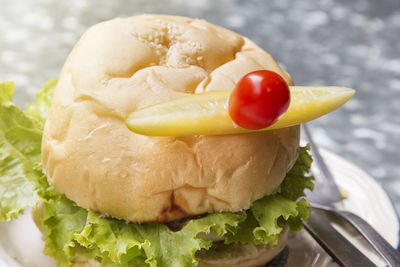 Close-up of burger in plate