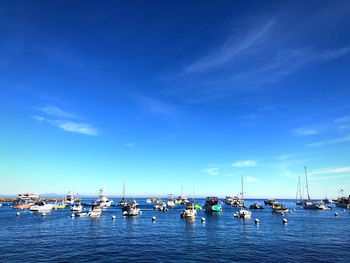 Sailboats moored in harbor against blue sky