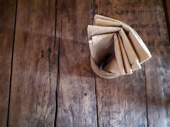 High angle view of bread on wooden table