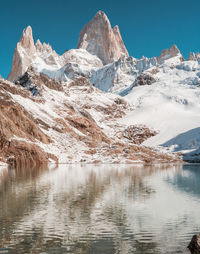 Scenic view of fitz roy against clear blue sky
