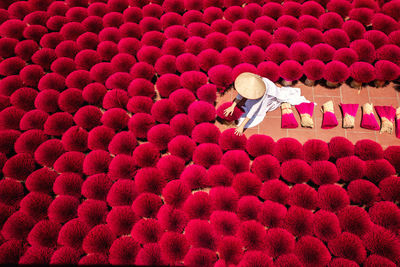 High angle view of woman arranging incenses