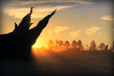 Silhouette woman with arms raised against sky during sunset