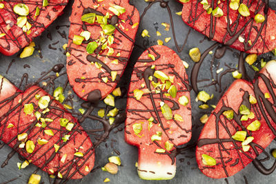 Directly above shot of watermelon with chocolate sauce