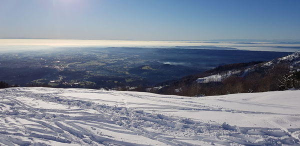 Snow covered landscape against sky