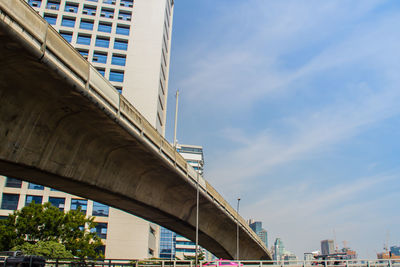 Low angle view of bridge and buildings against sky