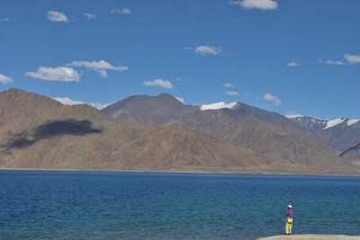 Rear view of man standing by mountains against sky