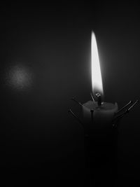 Close-up of lit candle in darkroom