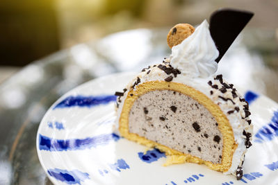 Close-up of cake in plate on table