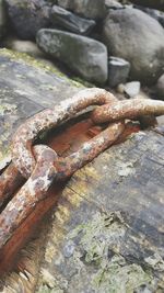 Close-up of rusty metal on rock