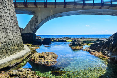 Arch bridge over sea against sky