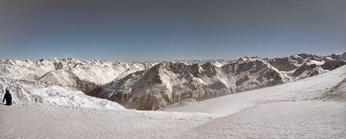 Panoramic view of snowcapped mountains against sky