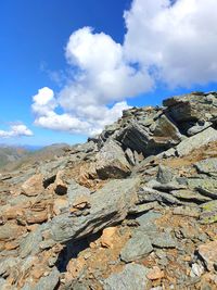 Low angle view of rock formations against sky