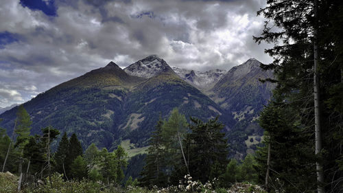 Scenic view of mountains against cloudy sky