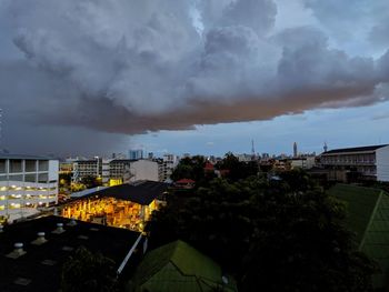 High angle view of buildings against cloudy sky