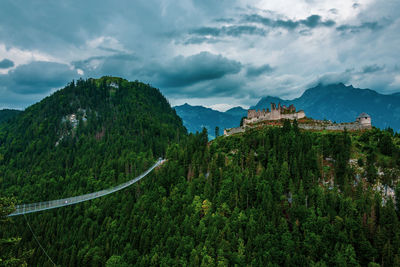 Scenic view of trees and mountains against sky