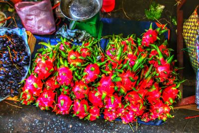 High angle view of various flowers in market