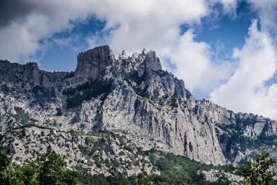 Low angle view of rocky mountain against sky