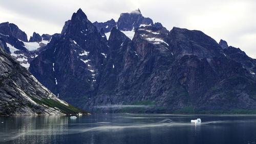 Scenic view of lake and mountains against sky